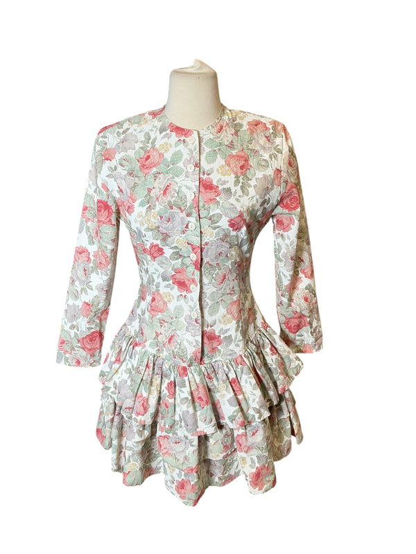 Vintage 90s Buyer too floral cotton drop ruffle long sleeve cottagecore mini dress S