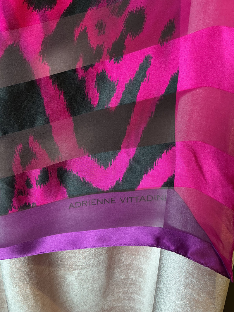Vintage Y2K Adrienne Vittadini Fuchsia & Black Silk Chiffon Bold Ikat Print silk Scarf