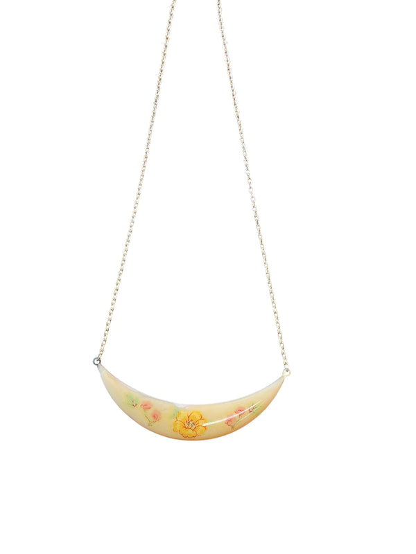 Vintage Floral Crescent Moon Hand-Painted Botanical Unique Gold Chain necklace