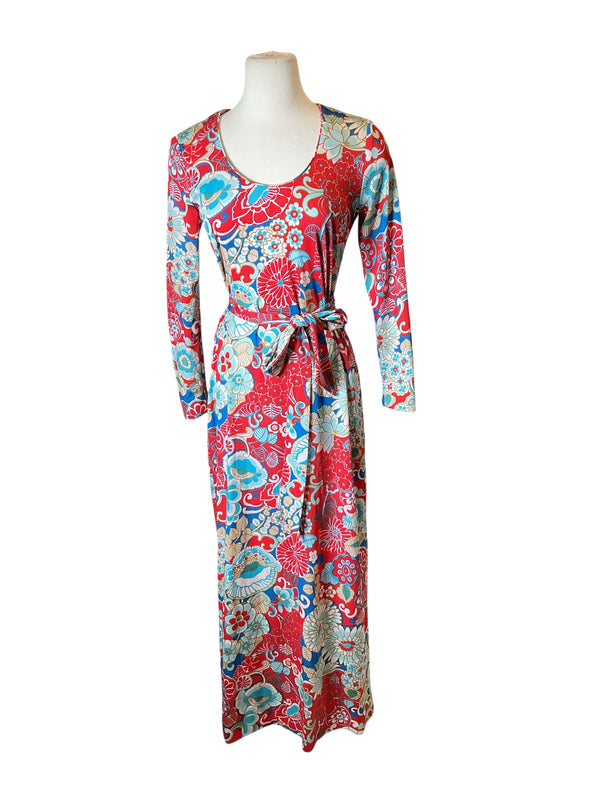 Vintage 80s Red Floral Long Sleeve Scoop Neck Boho Colorful Mod Print maxi Dress S