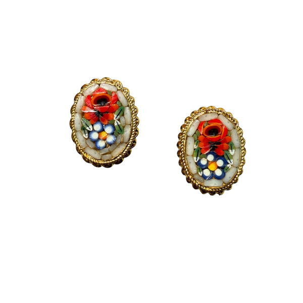 Vintage Mosiac Floral Clip Earrings