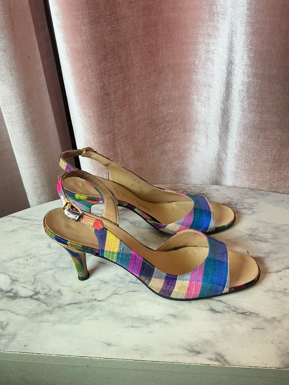 Vintage 1960s Deliso raw silk plaid open toe slingback hi heelb 6/6.5