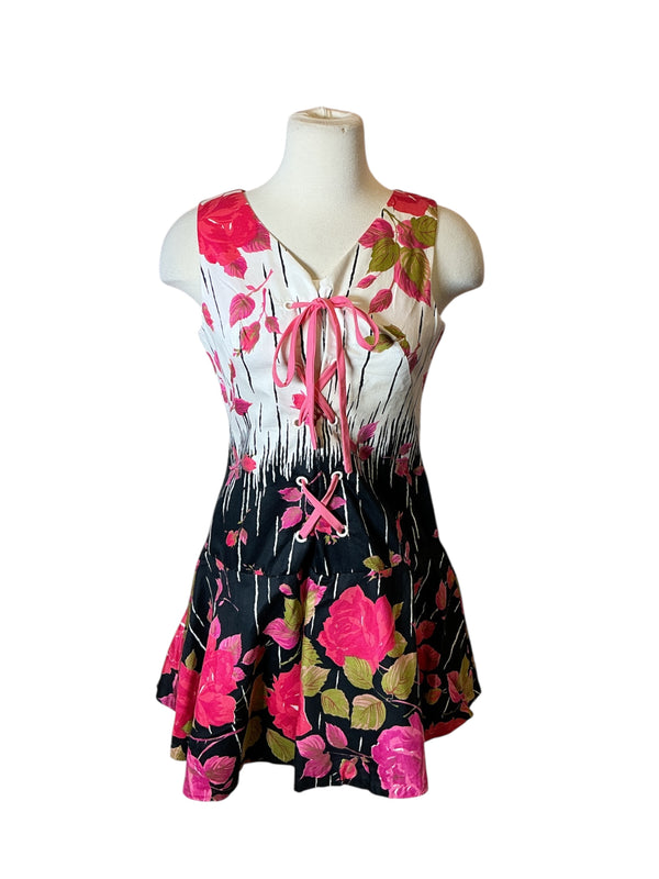 Vintage 1960s lace up floral cotton mini dress  S