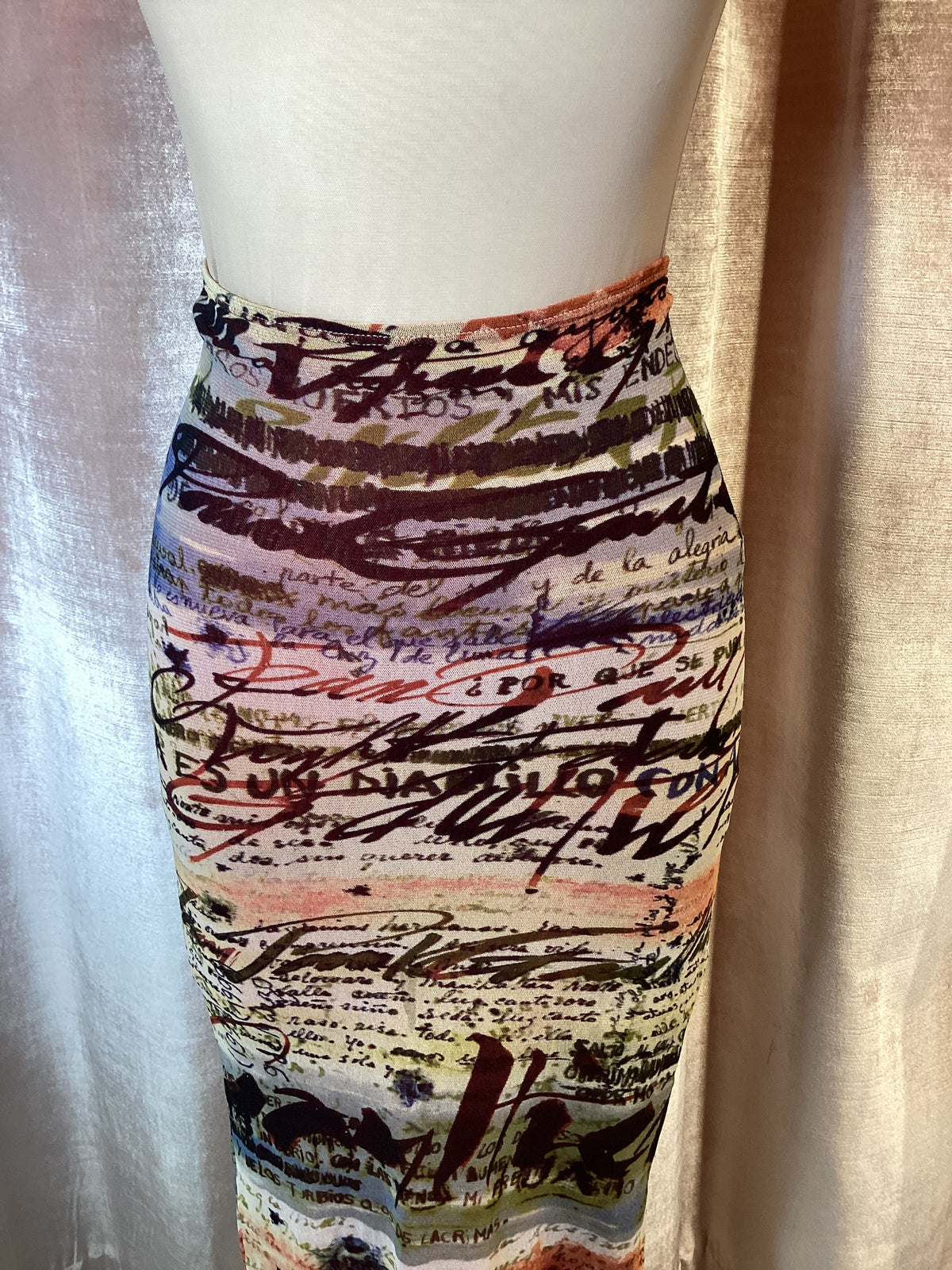 Y2K 90s Jean Paul Gaultier Maille Script handwriting Print Mesh Midi Skirt Small