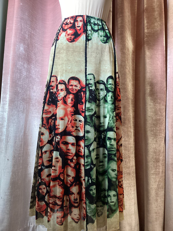 Y2K Jean Paul Gaultier Maille Faces Photo Print Maxi Skirt Large