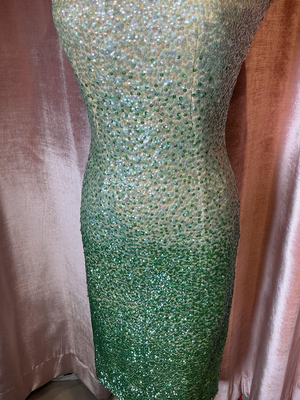 Vintage 70s Banff Sequin Shimmering Green Ombre Cocktail Glamour Party Wear dress S/M