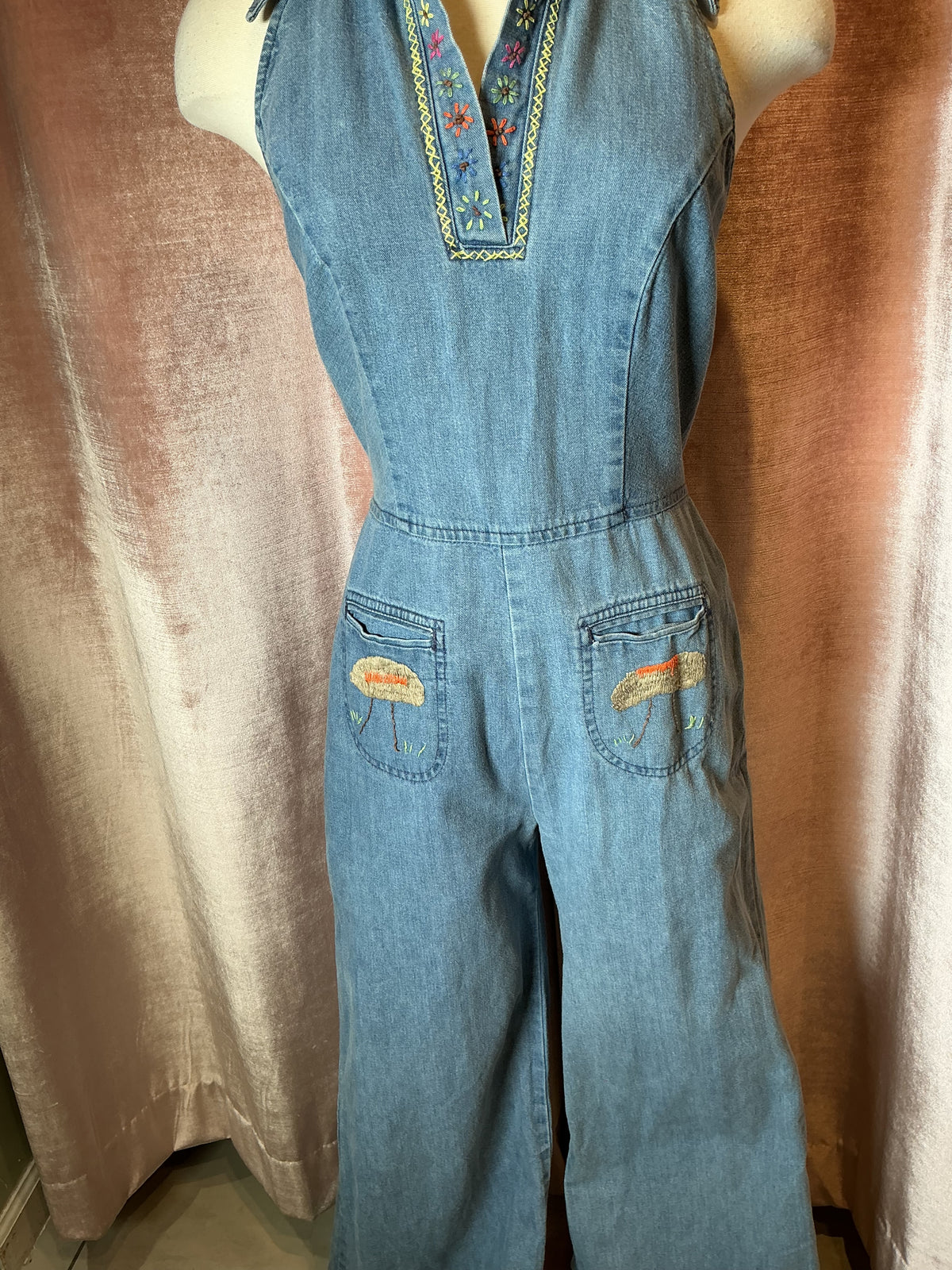 Vintage 1970’s denim collared embroidery hippie Woodstock jumpsuit S