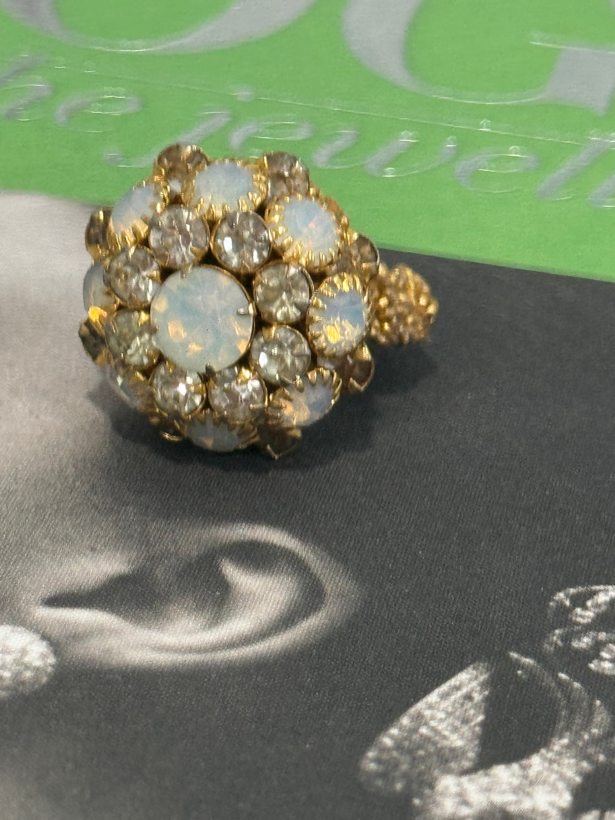 Vintage 1960s CZ Dome Ring with Stretch Crochet Band