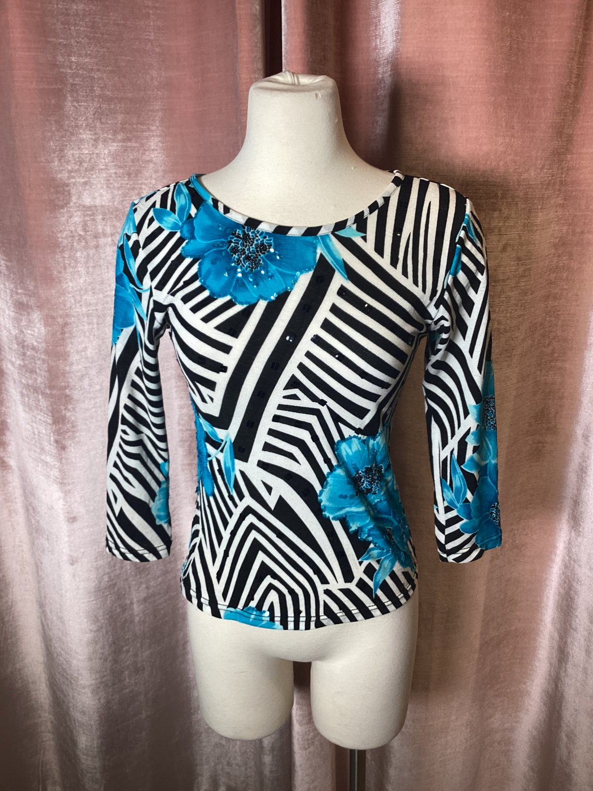 Vintage Y2K OP Art Graphic sequins beaded floral print Jersey top - S