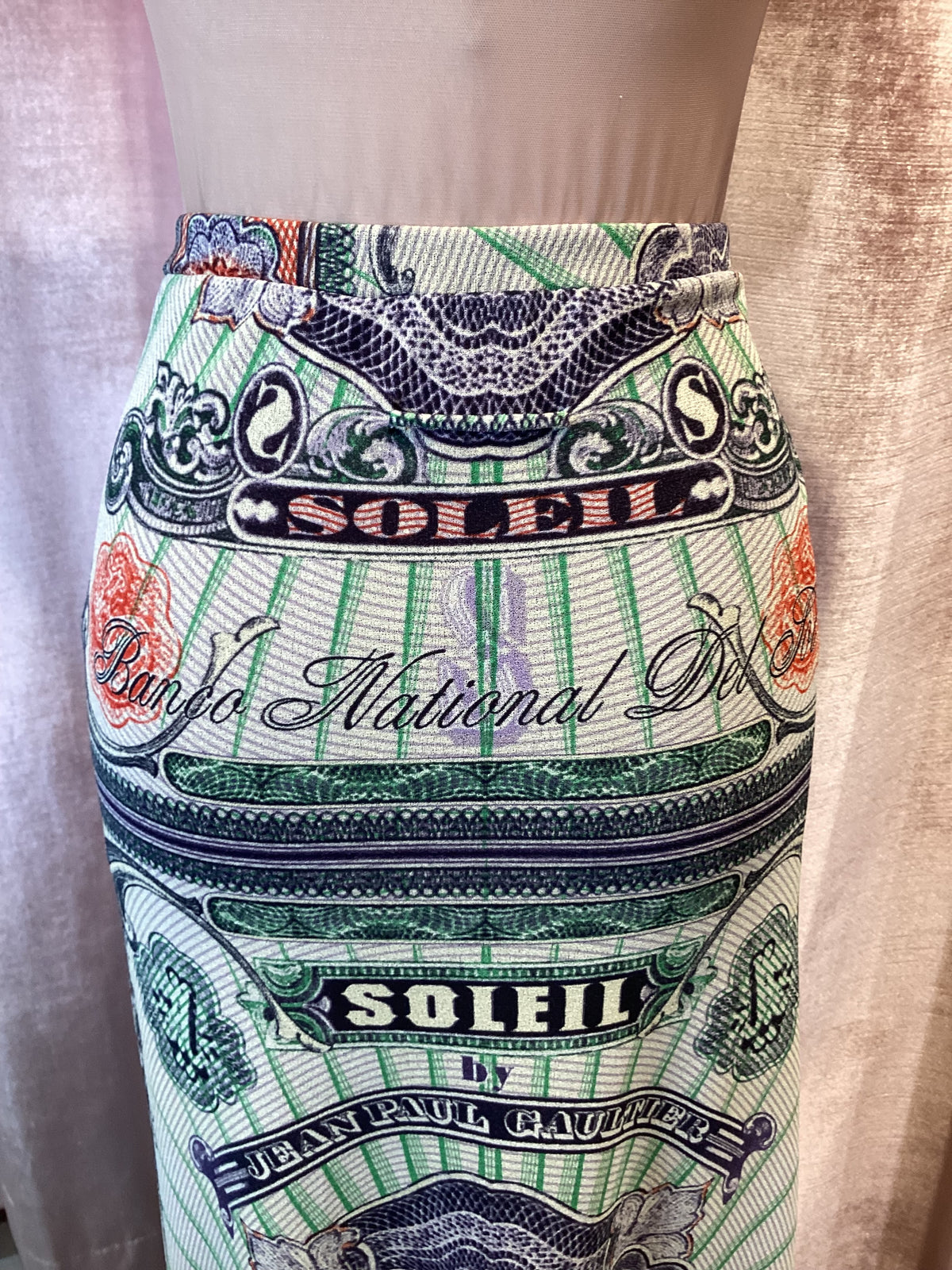 Y2K 90s Jean Paul Gaultier Soliel Currency Print Mesh Maxi Skirt - Large