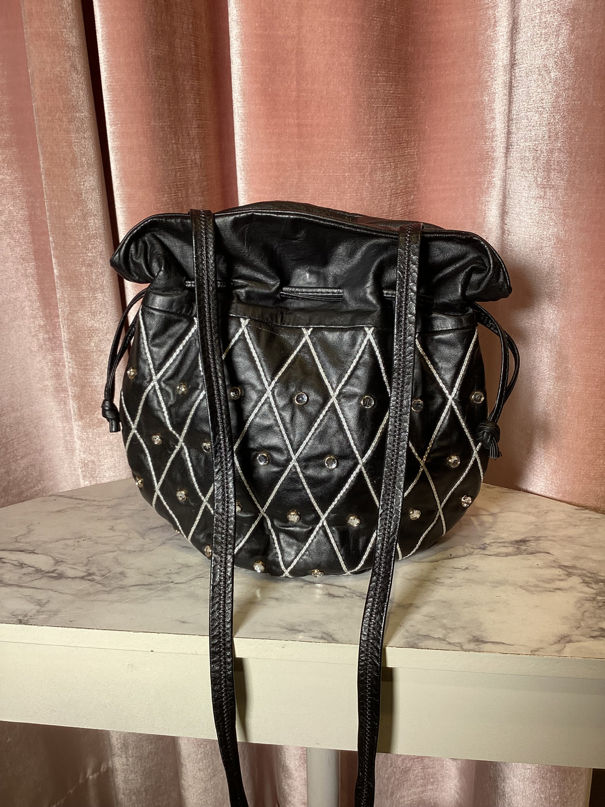 Vintage 1980s Leather Drawstring rhinestone Cross body Bag