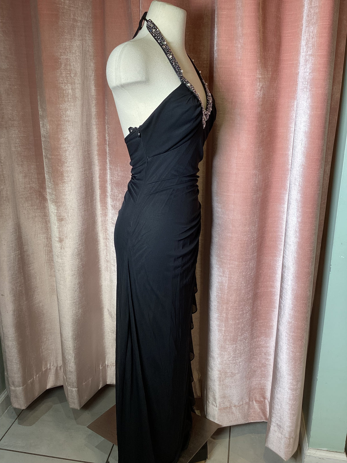 Y2K Mesh Halter Pearl Rhinestone Dress