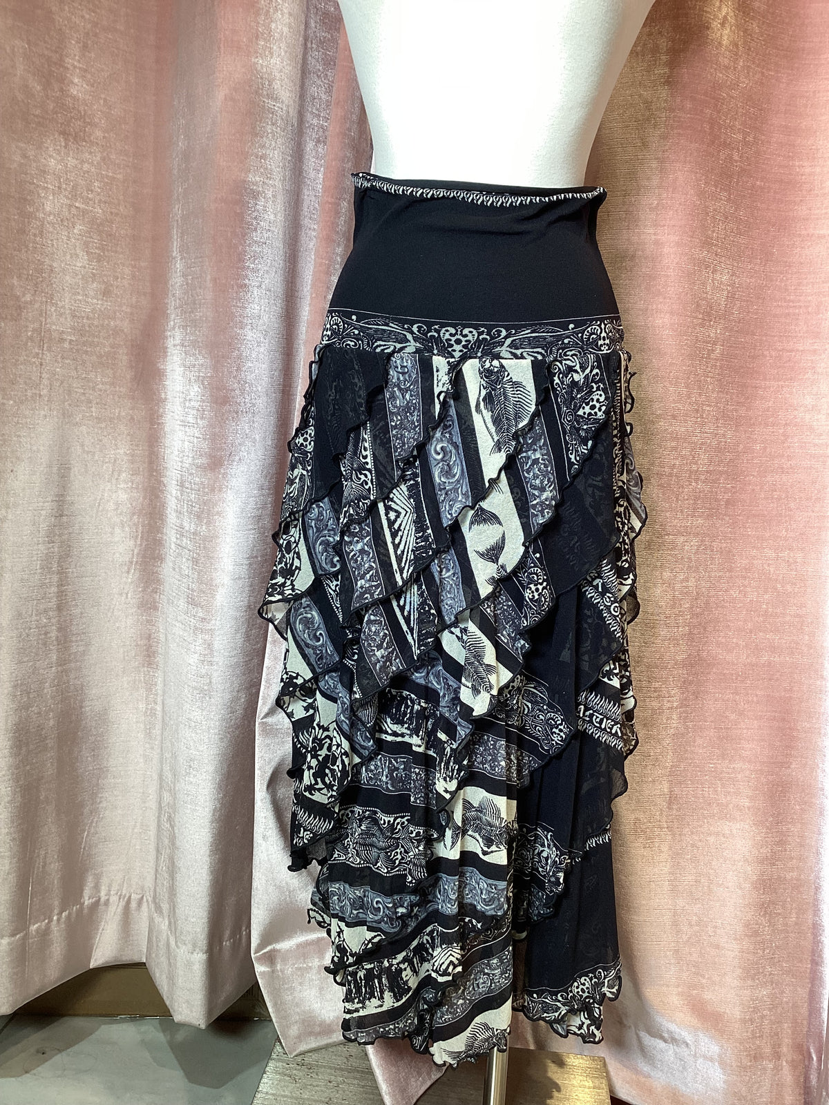 Vintage Y2K jean Paul Gaultier soliel mesh boho floral stripe tiered maxi skirt Medium