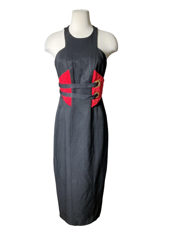 Vintage 1990s quilted corset waist slit formal party prom midi dress S