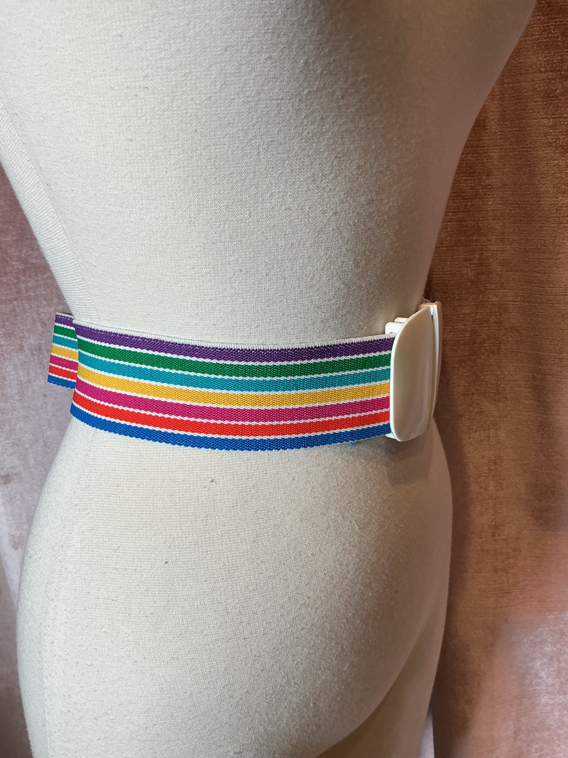 Vintage Rainbow Stripe Elastic White Buckle Colorful Wide Stretch Waist Belt