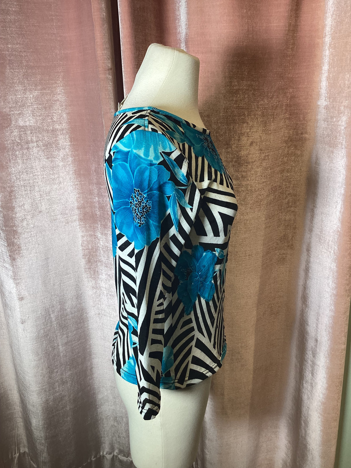 Vintage Y2K OP Art Graphic sequins beaded floral print Jersey top - S
