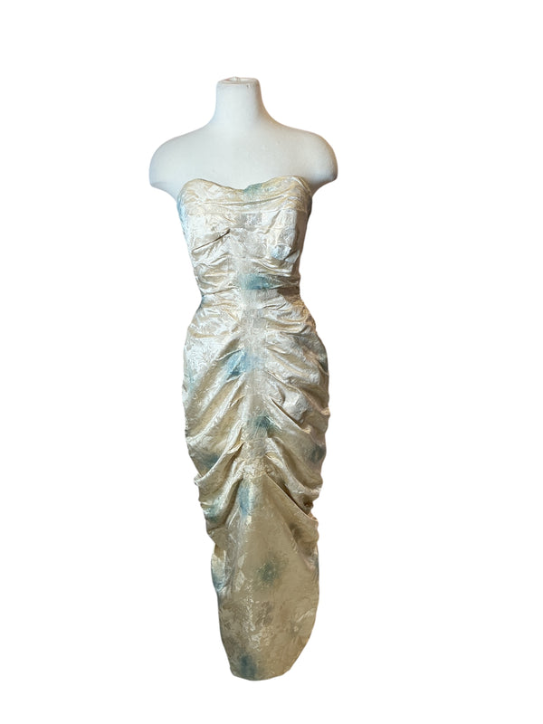 vintage 1950s duchess satin brocade strapless wiggle ruched hourglass dress with train S