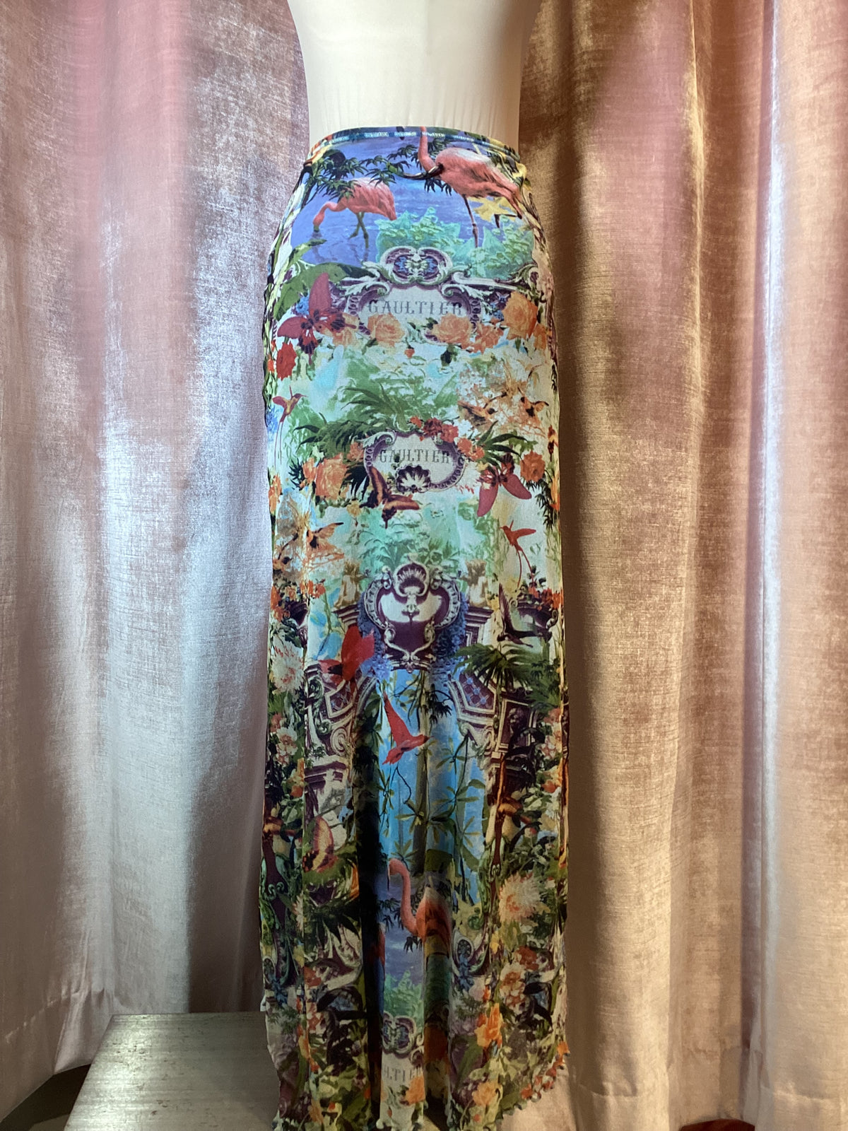 Y2K 1999 Jean Paul Gaultier Soliel Floral Flamingo Photo Print Midi Skirt Medium