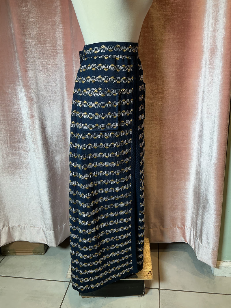 Vintage 70’s poly acrylic metallic knit nautical pocket high waist maxi slit skirt M