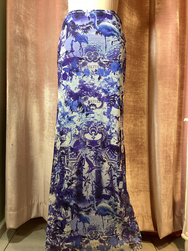 Y2K 1999 Jean Paul Gaultier Soliel Blue Floral Flamingo Photo Print Midi Skirt Large