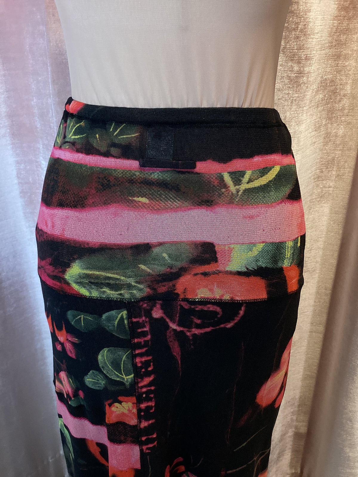 Y2K 90s Jean Paul Gaultier Soliel Floral photo Print mesh Maxi Skirt XL