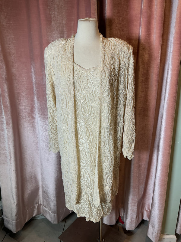 Vintage 80s Judith Ann Beaded Ivory Elegant Evening Wear dress & Jacket 2 pc Mother of the Bride M