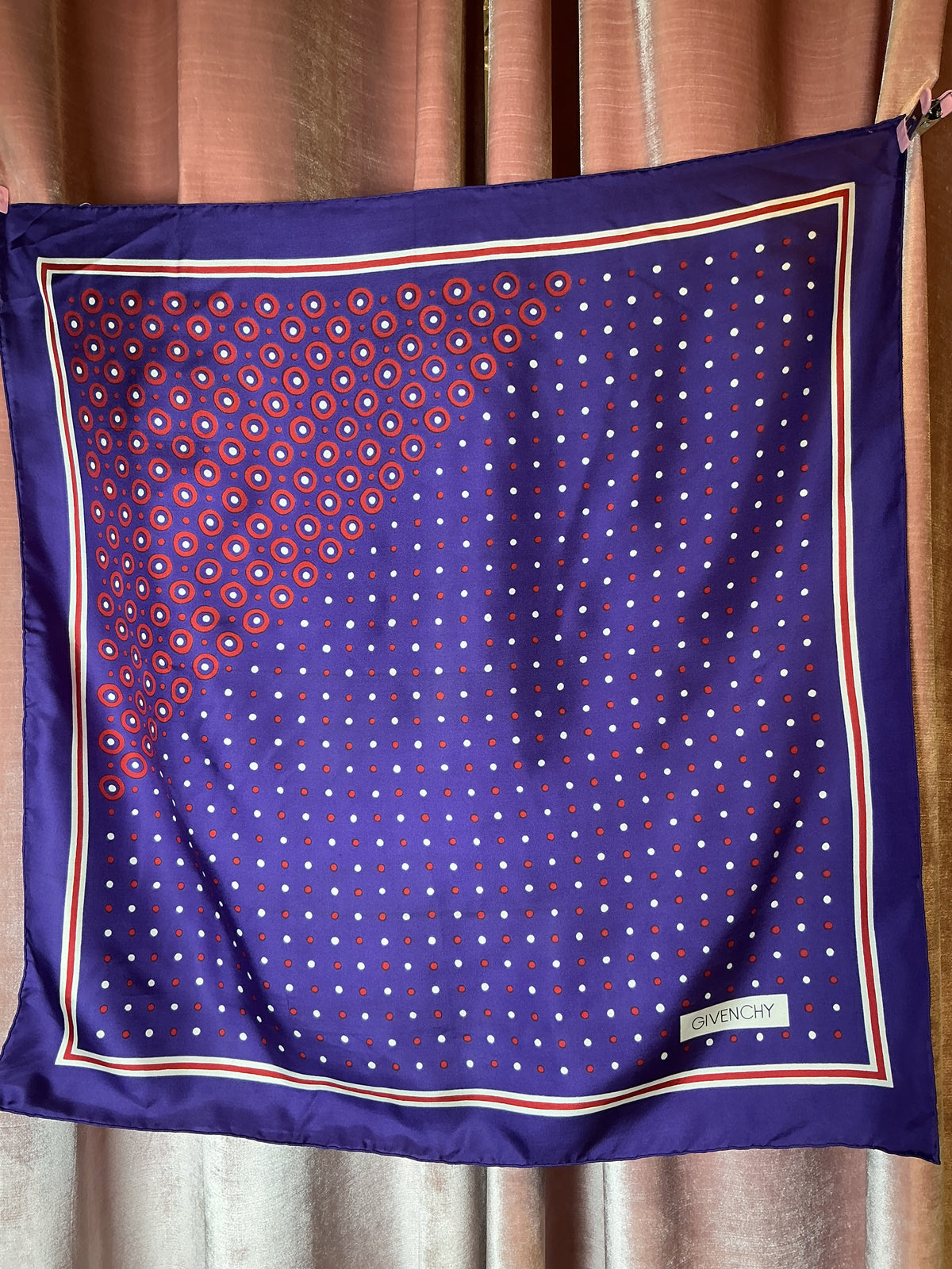 Vintage Y2K Givenchy Navy Blue Red White Polka Dot Pattern Designer Square silkScarf