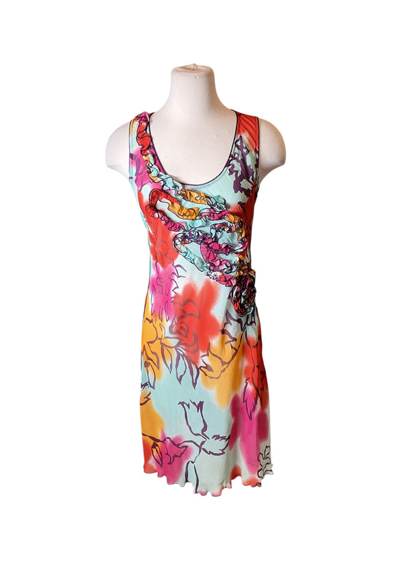 Vintage Y2K Sonia Rykiel Floral Dress with Beaded Detail Colorful Ruffled Mini Dress S