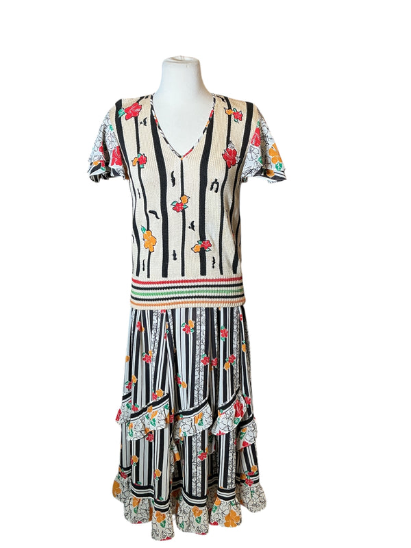 Vintage 70s Striped Retro Resort Wear Floral Knit Top & Tiered Ruffle Skirt Set S