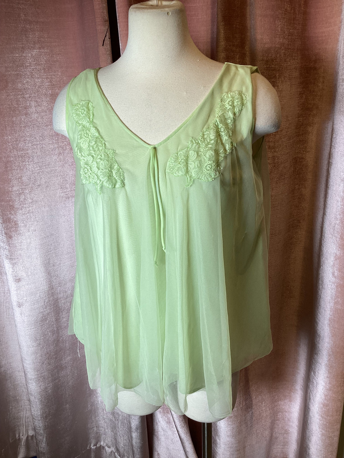Vintage Lime Green Chiffon Nightgown Top with Lace Detail M