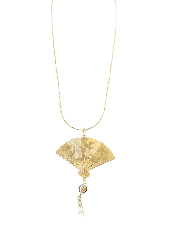 Vintage 1970s Gold Tone Folding Fan Necklace with Crane & Dragon Etching Articulated Asian Style Pendant