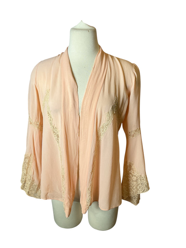 Vintage 1930s silk lace bell sleeve duster robe crop bed jacket S