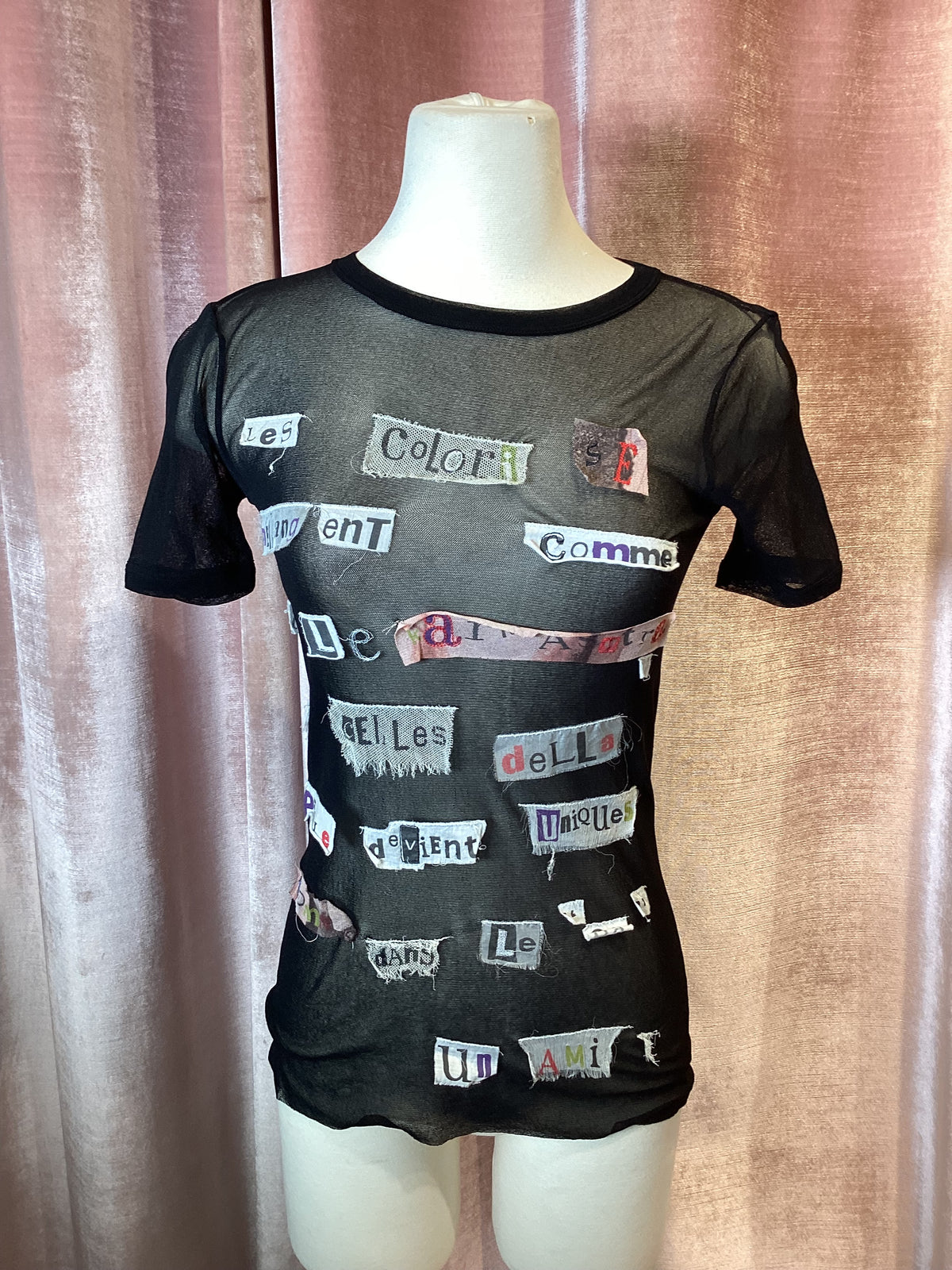 Y2K 90s Jean Paul Gaultier Maille Mesh Cut Out Scrapbook Newspaper Words Sheer Mesh Tee