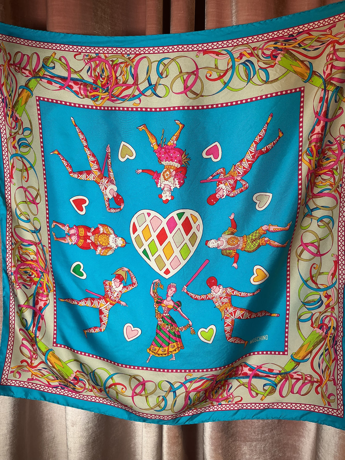Vintage Y2K  Moschino Heart Carnival Jester Pop Art Foulard silk scarf