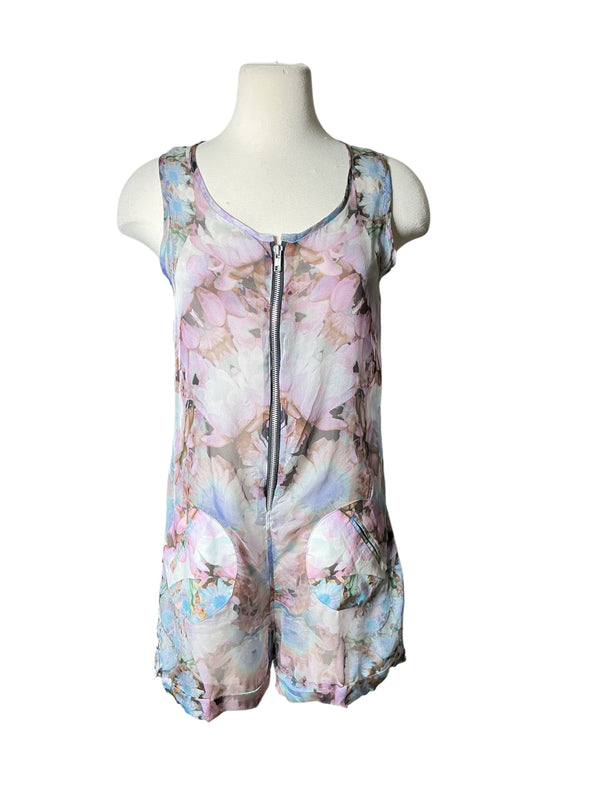 Vintage 1990’s House of Holland Floral Print Silky Romper Jumpsuit with Zipper Front S