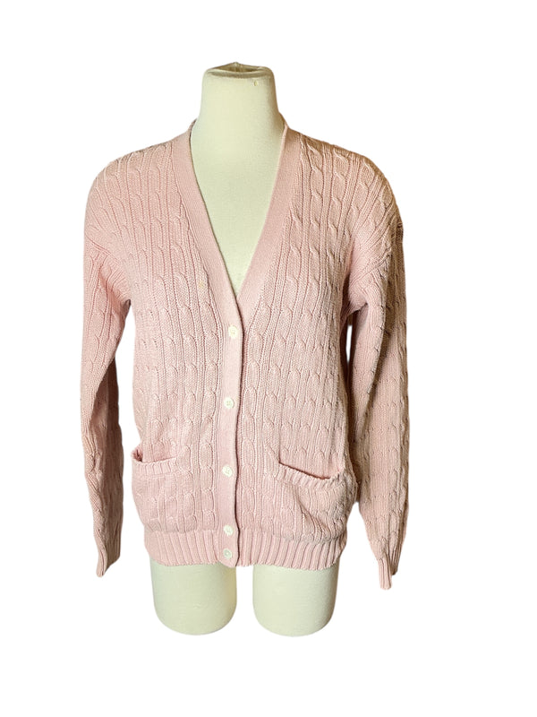 Vintage 90s Ralph Lauren varsity cable knit sweater button down v neck pink cardigan M