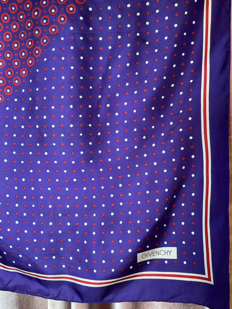 Vintage Y2K Givenchy Navy Blue Red White Polka Dot Pattern Designer Square silkScarf