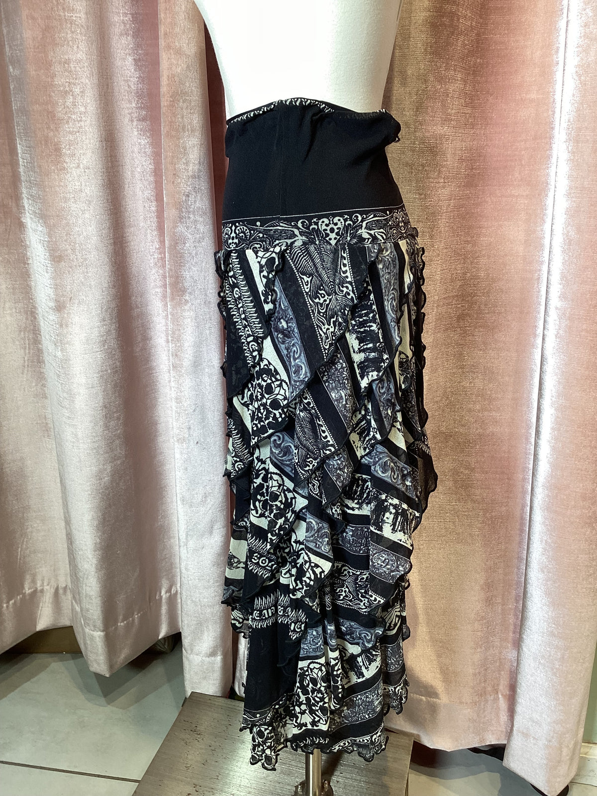 Vintage Y2K jean Paul Gaultier soliel mesh boho floral stripe tiered maxi skirt Medium