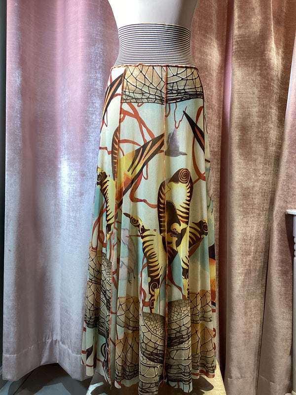 Y2K 90s Jean Paul Gaultier Maille Tribal Dragonfly Art Print Skirt Large XL