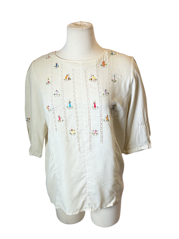 Vintage 1960s Mexican people embroidery gauze cotton top M
