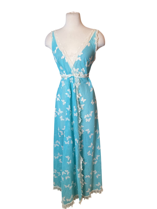 Vintage 1960s butterfly print wrap maxi cotton summer dress S
