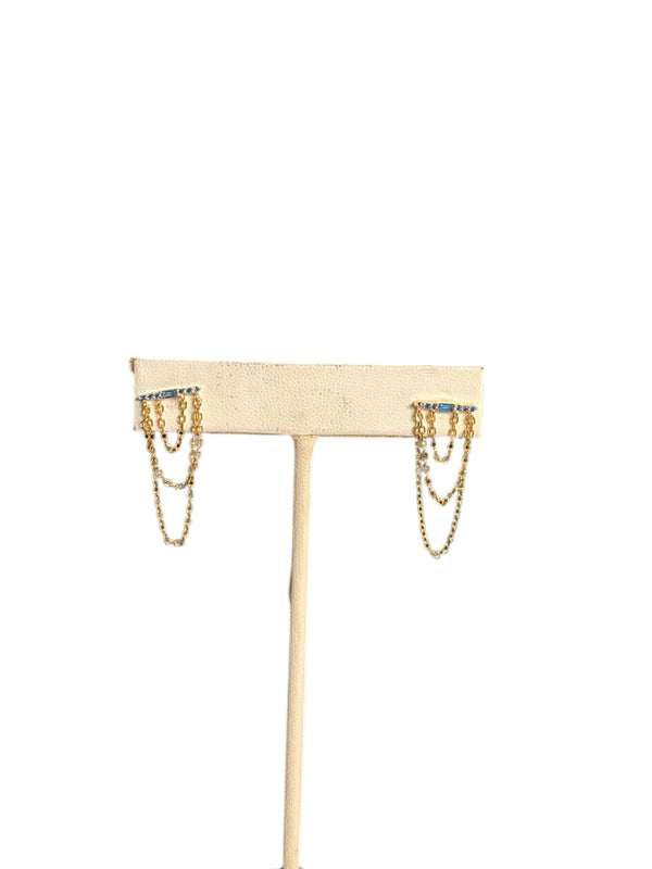 925 Gold Plated Layered Chain Blue Gem Post Earrings