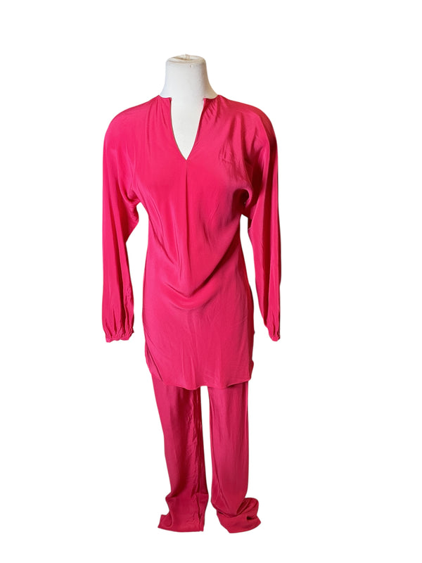 Vintage 1970s Halston silk two piece tunic blouse and pants matching coordinating set S