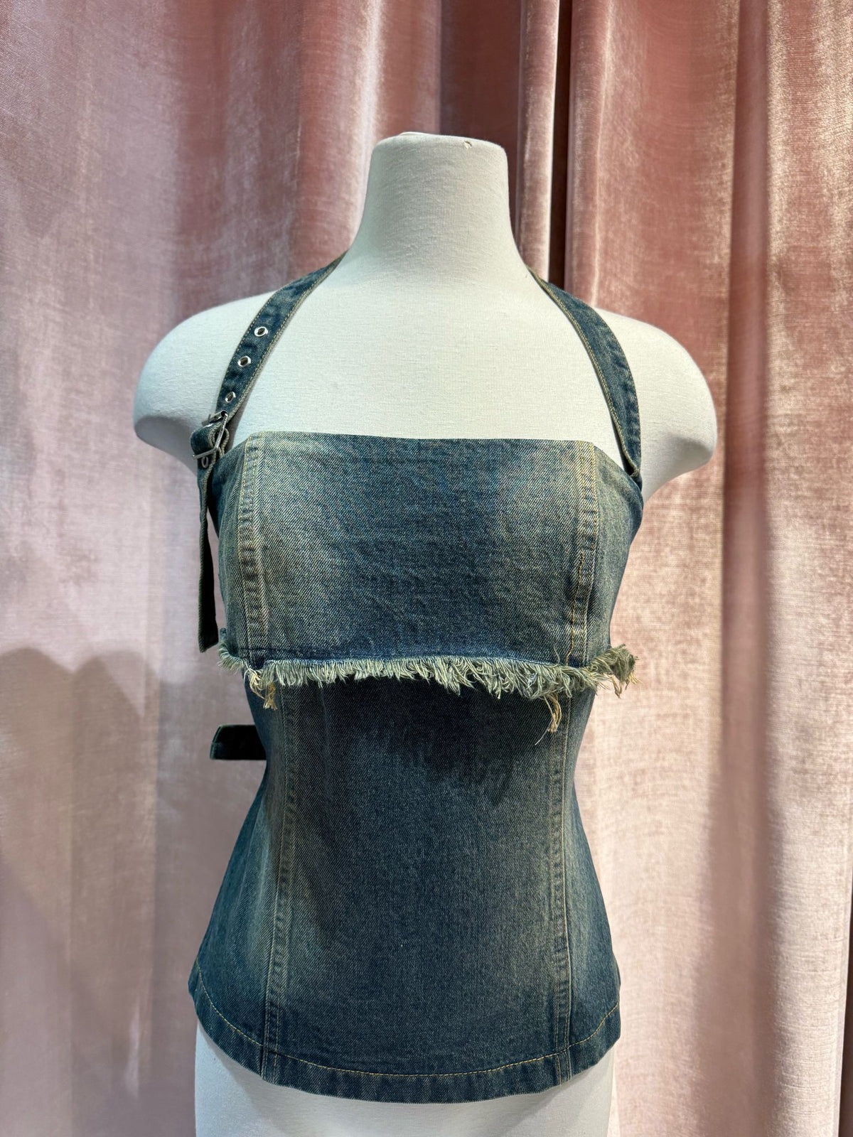 Raven Denim Y2K Backless Buckle Strap Halter Top - Faded Wash