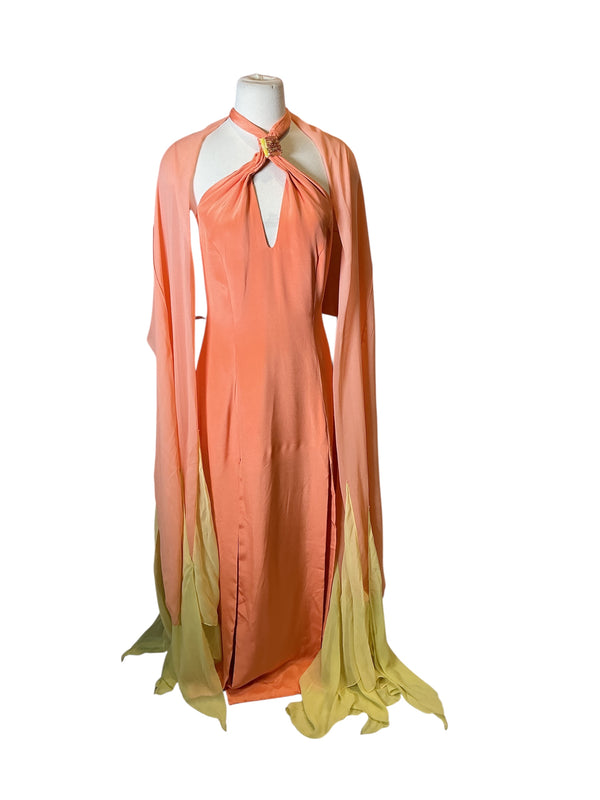 Vintage 70s coral butter yellow maxi slit chiffon silk formal party prom gown S