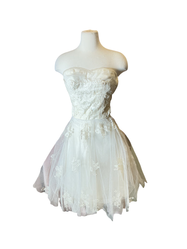 Vintage 1950s mesh tulle strapless bridal new look prom party a line dress XS