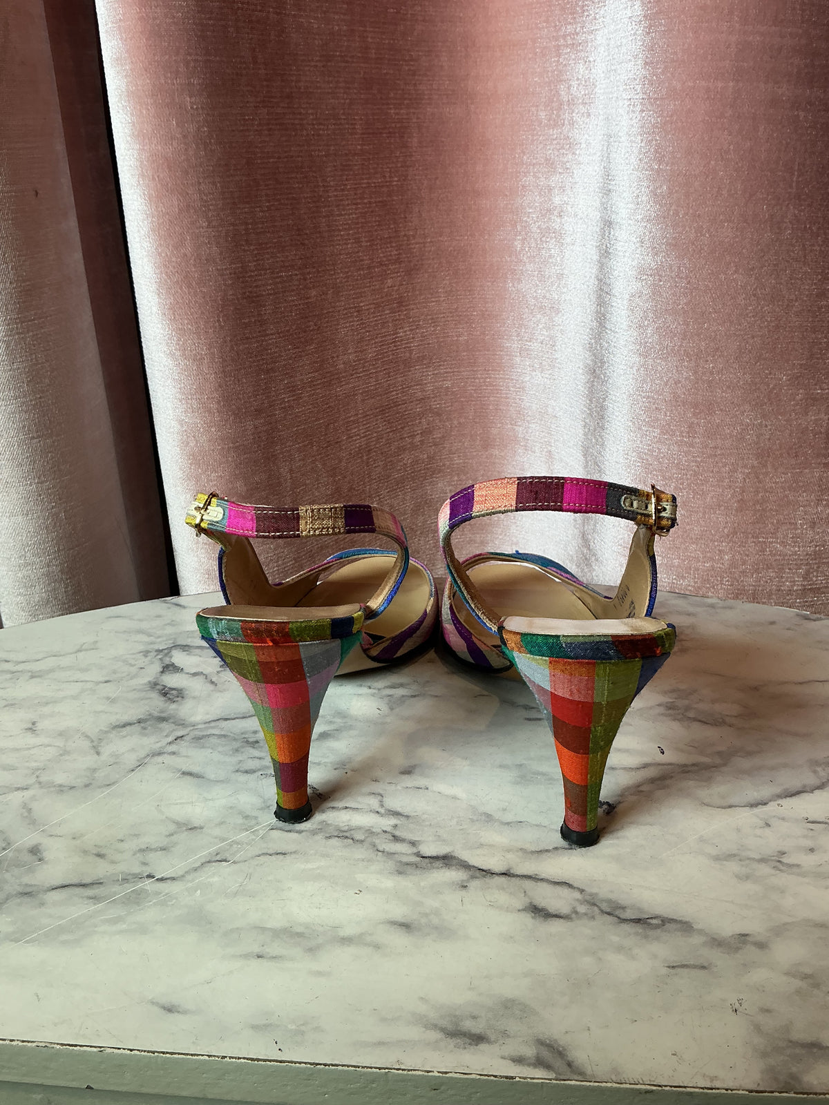 Vintage 1960s Deliso raw silk plaid open toe slingback hi heelb 6/6.5