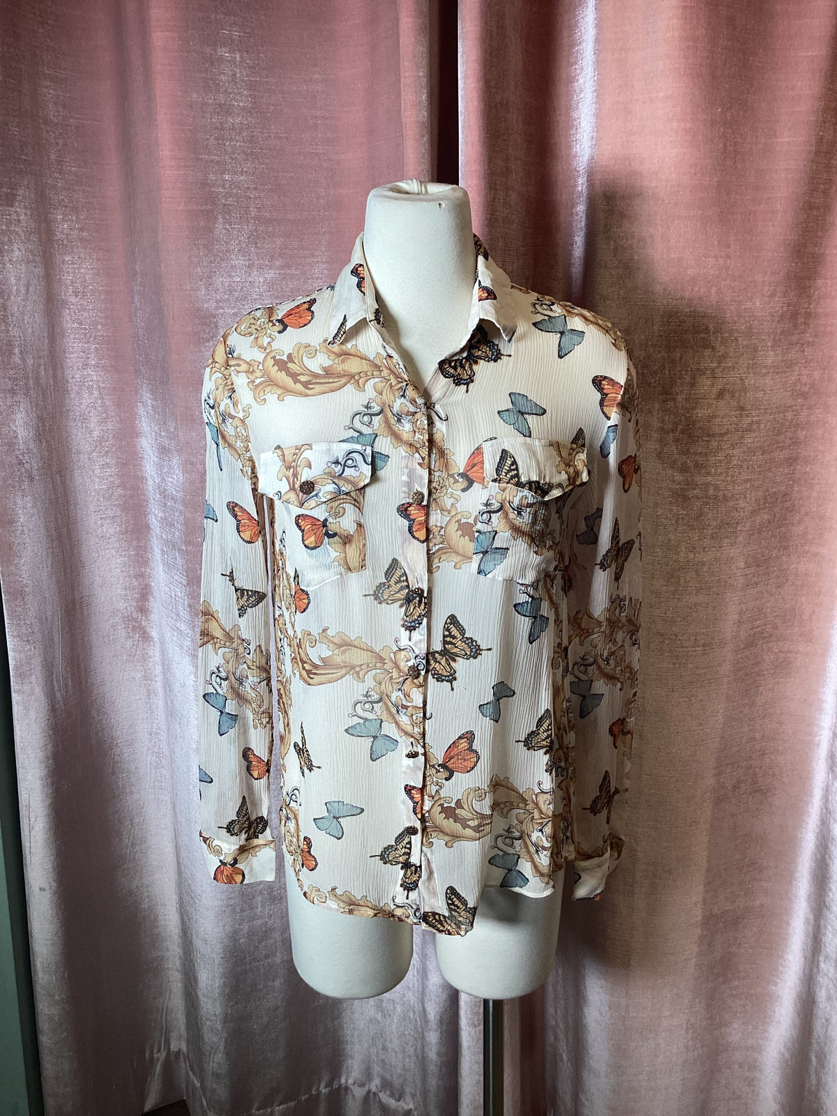 Vintage Y2K mesh flying butterfly print top - S