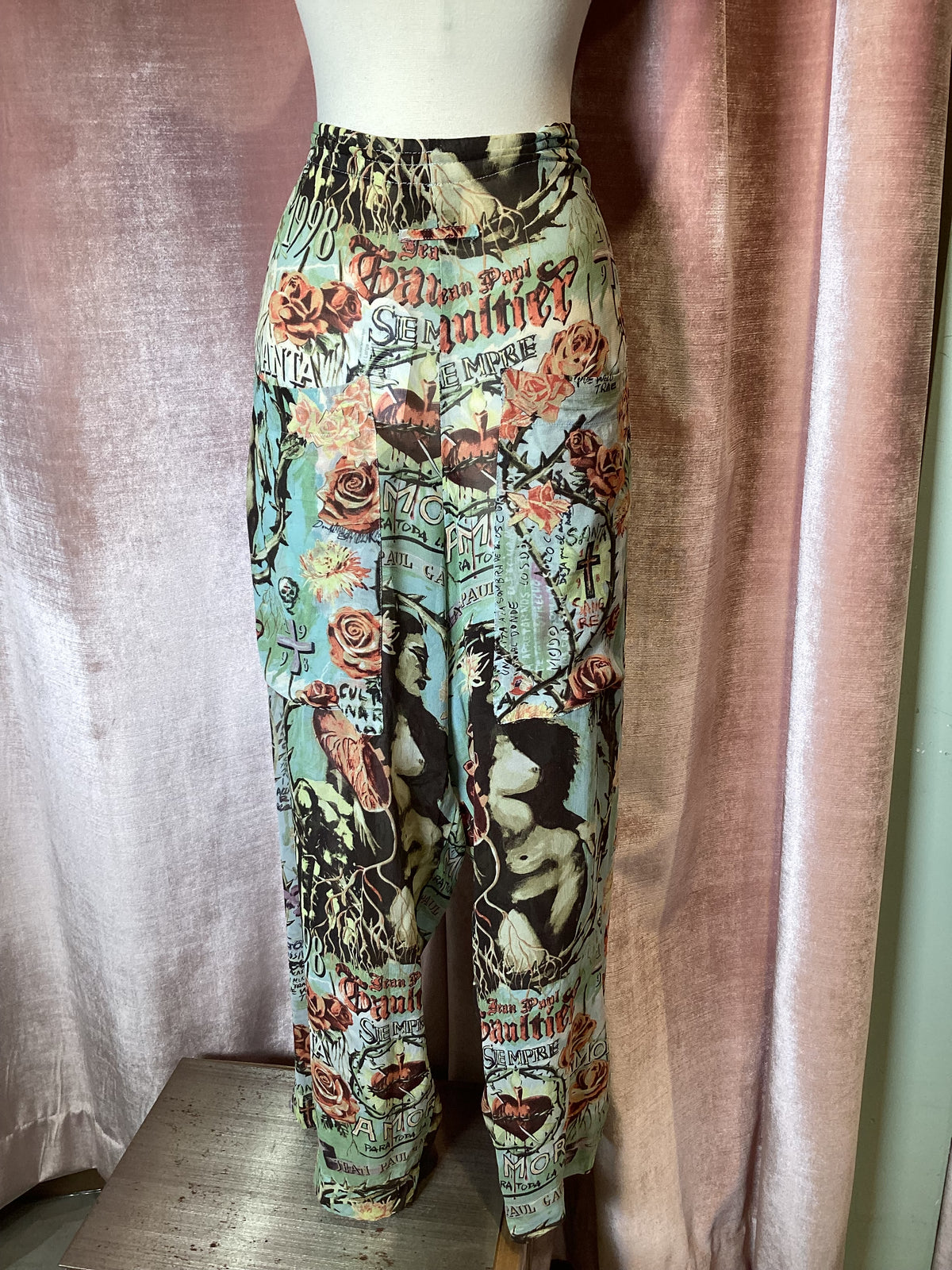 Vintage y2k 90s Jean Paul Gaultier female figure heart roses printed chiffon wide leg drawstring pants US 10 Large