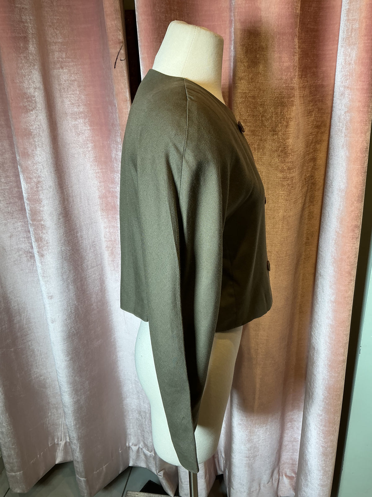Vintage 80s Olive Green Cropped Double-Breasted V-Neck Button-Up Power Shoulder Blazer M